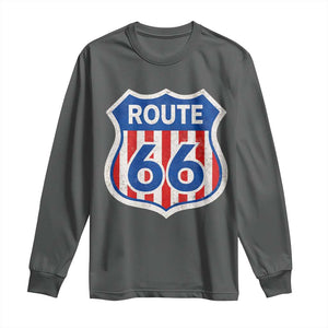 Vintage Route Highway 66 Historical Sign Distressed American Flag Road Trip Long Sleeve Shirt TS11 Dark Heather Print Your Wear
