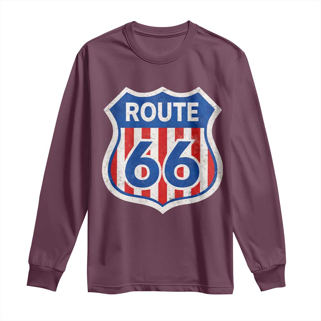 Vintage Route Highway 66 Historical Sign Distressed American Flag Road Trip Long Sleeve Shirt TS11 Maroon Print Your Wear