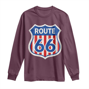 Vintage Route Highway 66 Historical Sign Distressed American Flag Road Trip Long Sleeve Shirt TS11 Maroon Print Your Wear