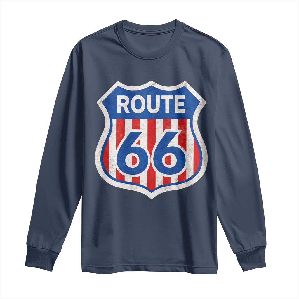 Vintage Route Highway 66 Historical Sign Distressed American Flag Road Trip Long Sleeve Shirt TS11 Navy Print Your Wear