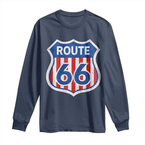Vintage Route Highway 66 Historical Sign Distressed American Flag Road Trip Long Sleeve Shirt TS11 Navy Print Your Wear