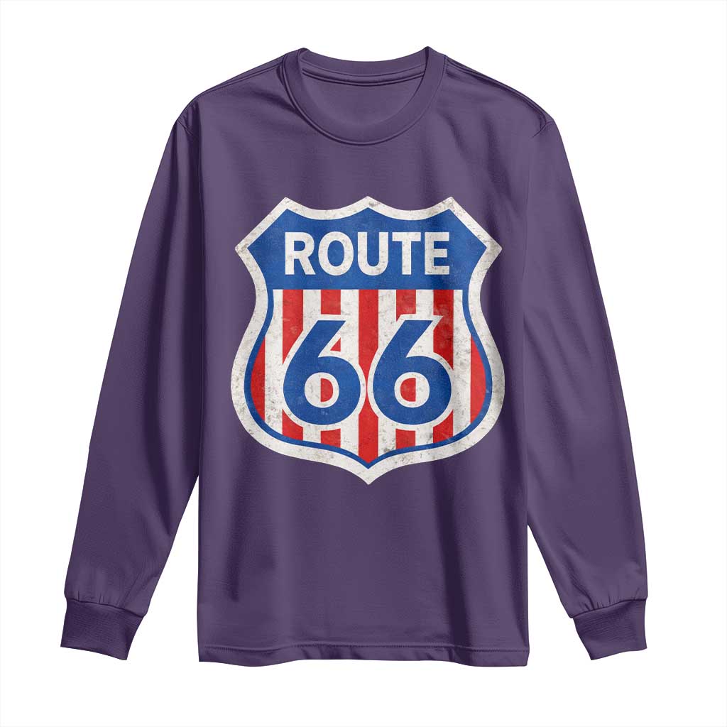 Vintage Route Highway 66 Historical Sign Distressed American Flag Road Trip Long Sleeve Shirt TS11 Purple Print Your Wear