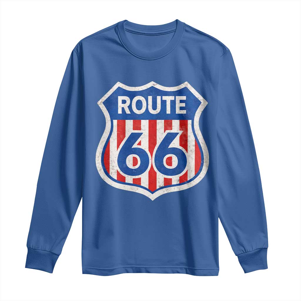 Vintage Route Highway 66 Historical Sign Distressed American Flag Road Trip Long Sleeve Shirt TS11 Royal Blue Print Your Wear