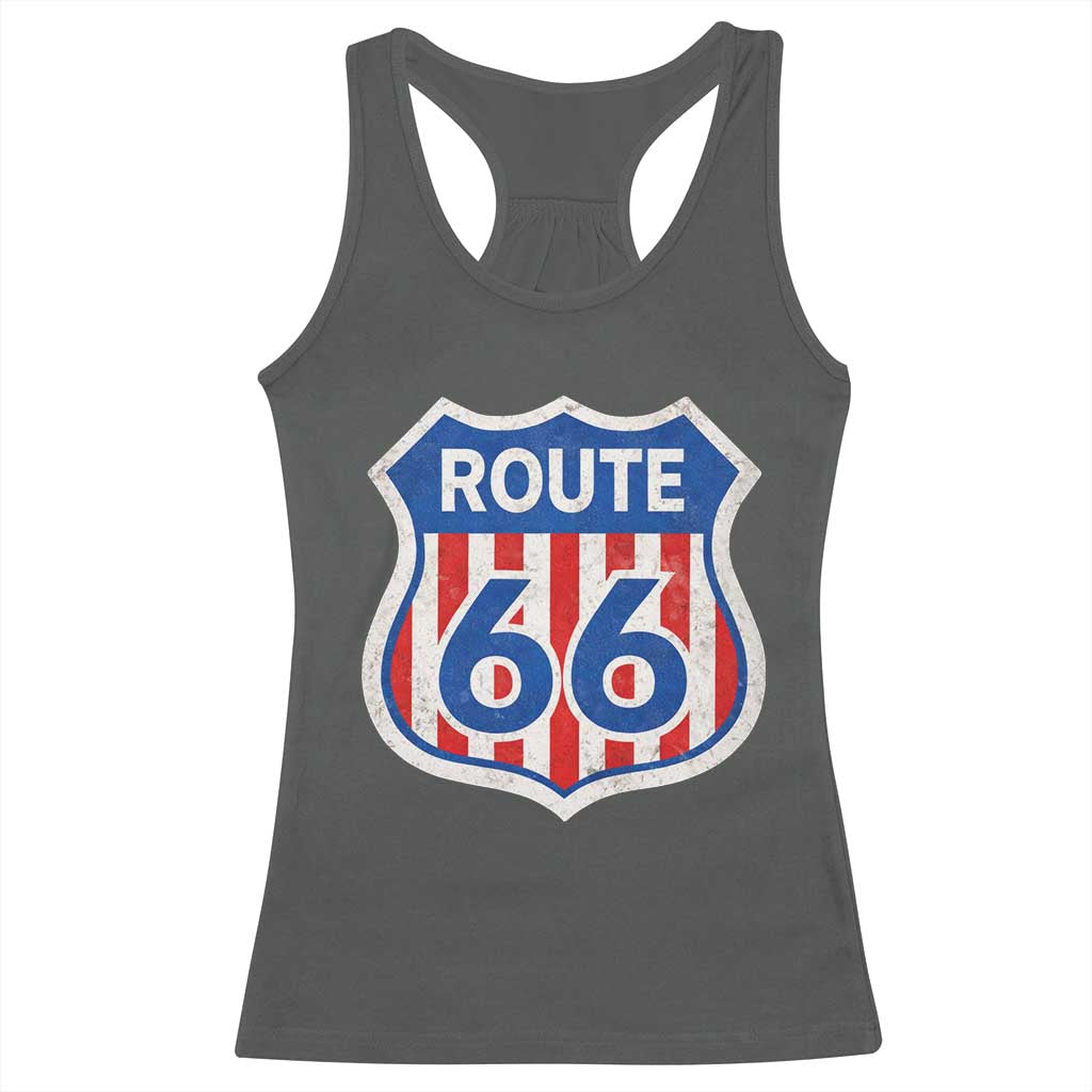 Vintage Route Highway 66 Historical Sign Distressed American Flag Road Trip Racerback Tank Top TS11 Dark Heather Print Your Wear