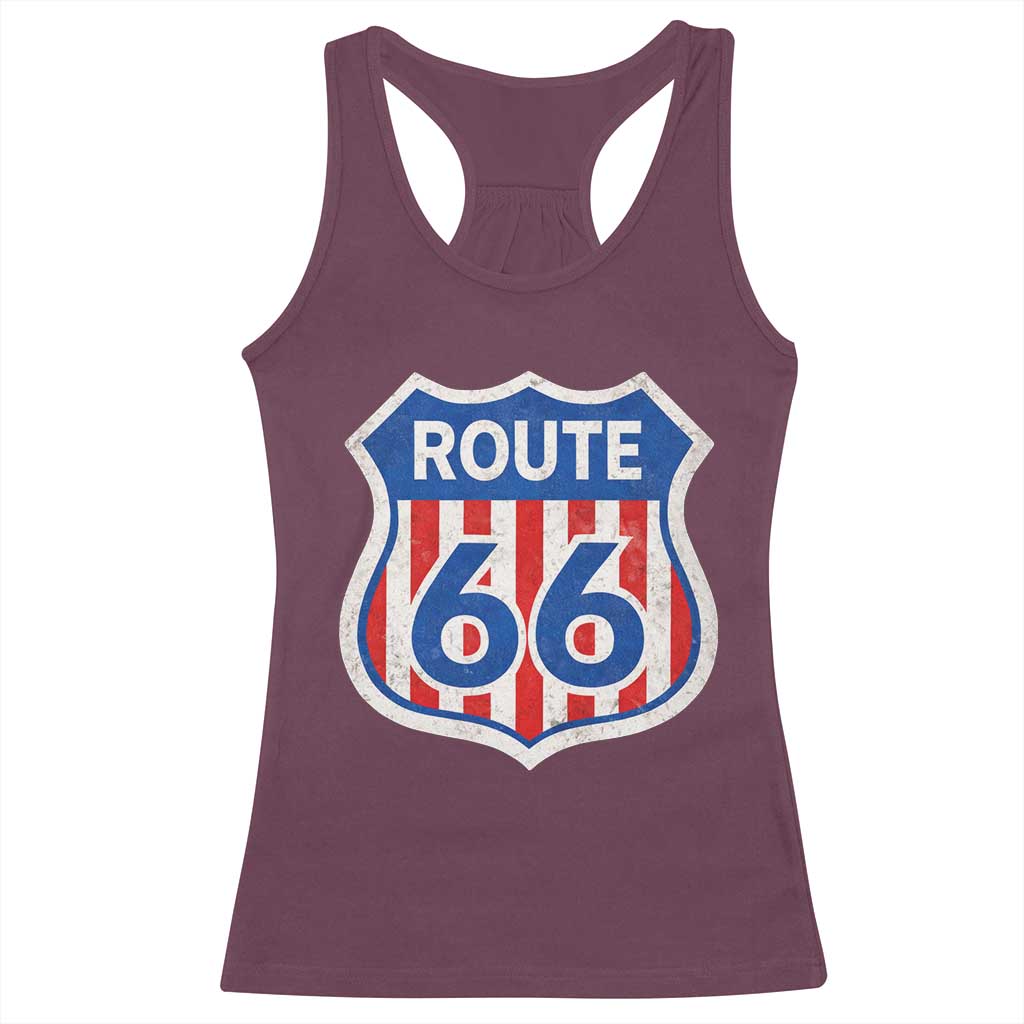 Vintage Route Highway 66 Historical Sign Distressed American Flag Road Trip Racerback Tank Top TS11 Maroon Print Your Wear