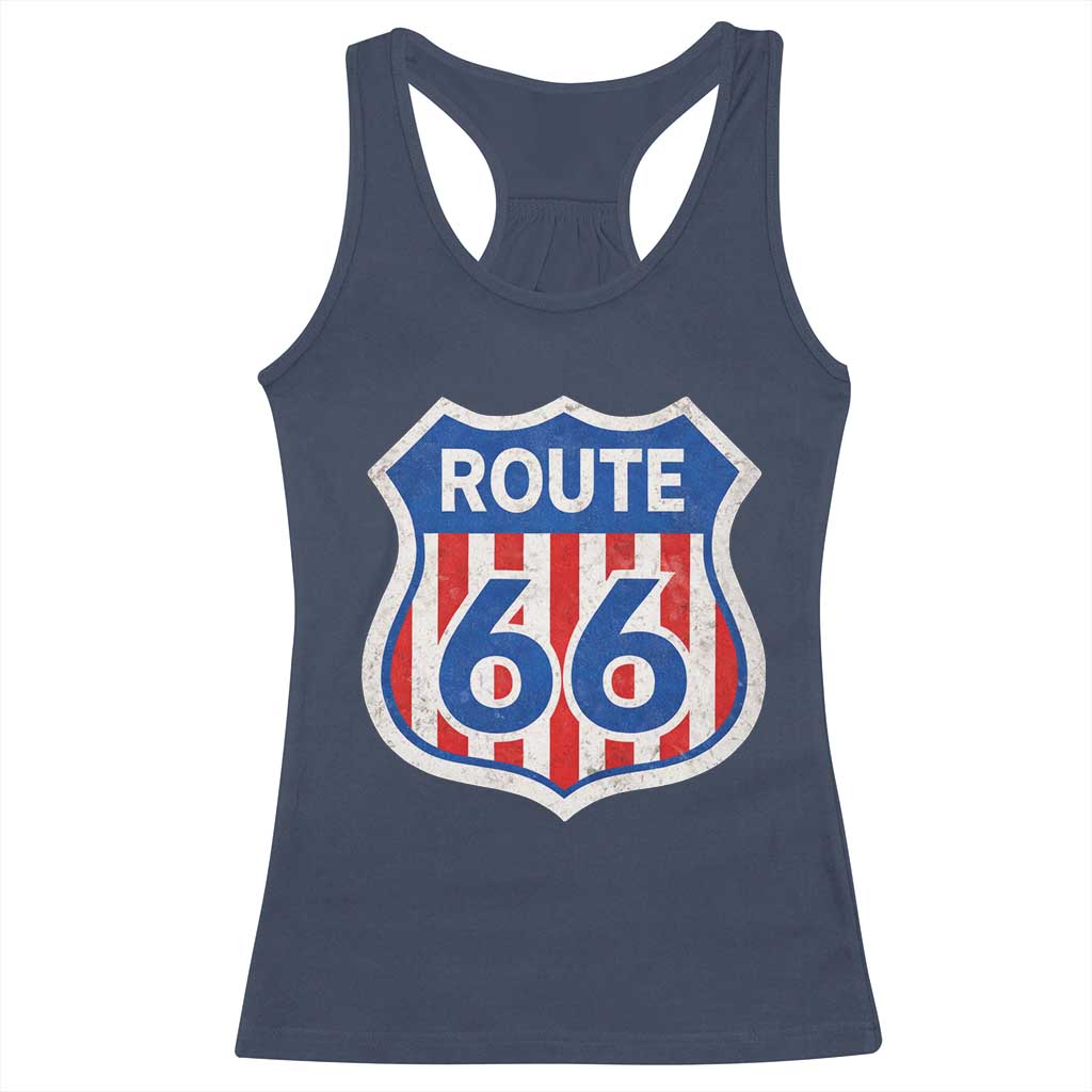 Vintage Route Highway 66 Historical Sign Distressed American Flag Road Trip Racerback Tank Top TS11 Navy Print Your Wear