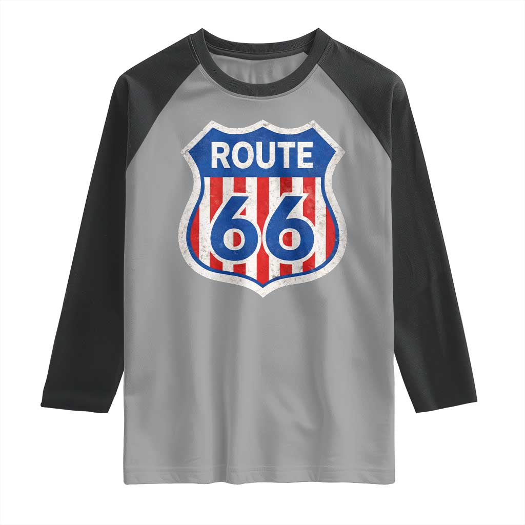 Vintage Route Highway 66 Historical Sign Distressed American Flag Road Trip Raglan Shirt TS11 Sport Gray Black Print Your Wear