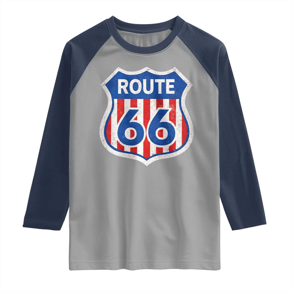 Vintage Route Highway 66 Historical Sign Distressed American Flag Road Trip Raglan Shirt TS11 Sport Gray Navy Print Your Wear
