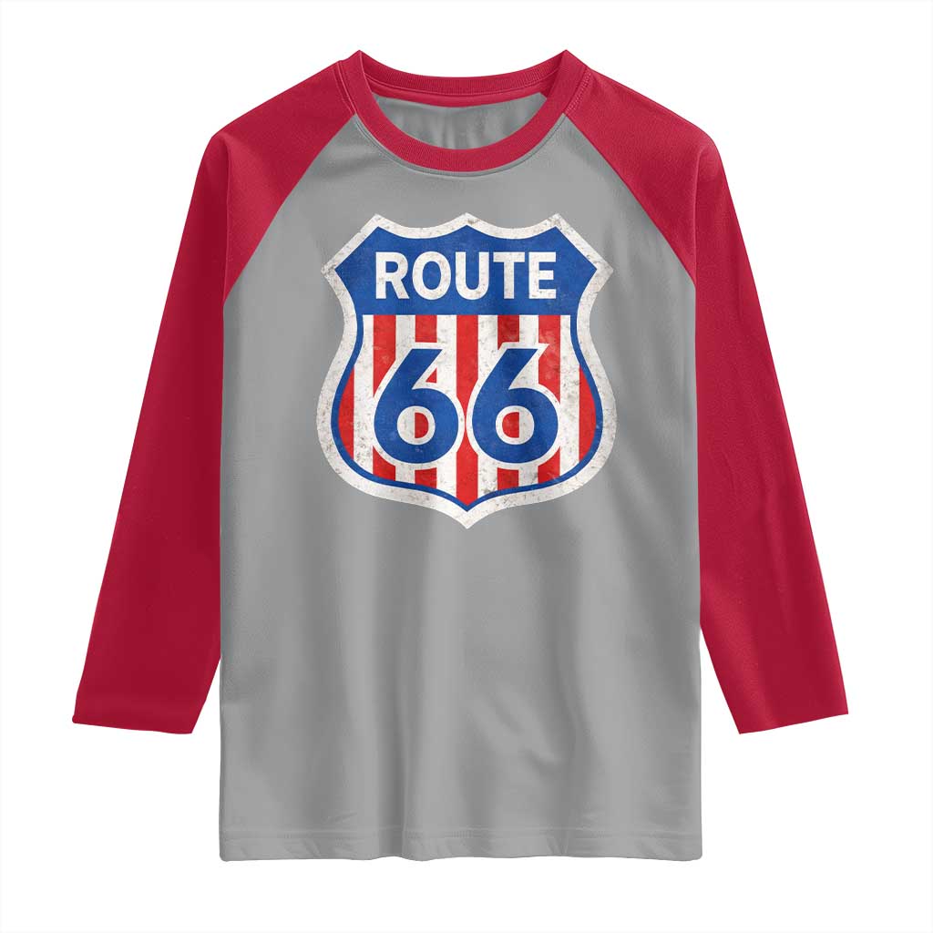 Vintage Route Highway 66 Historical Sign Distressed American Flag Road Trip Raglan Shirt TS11 Sport Gray Red Print Your Wear