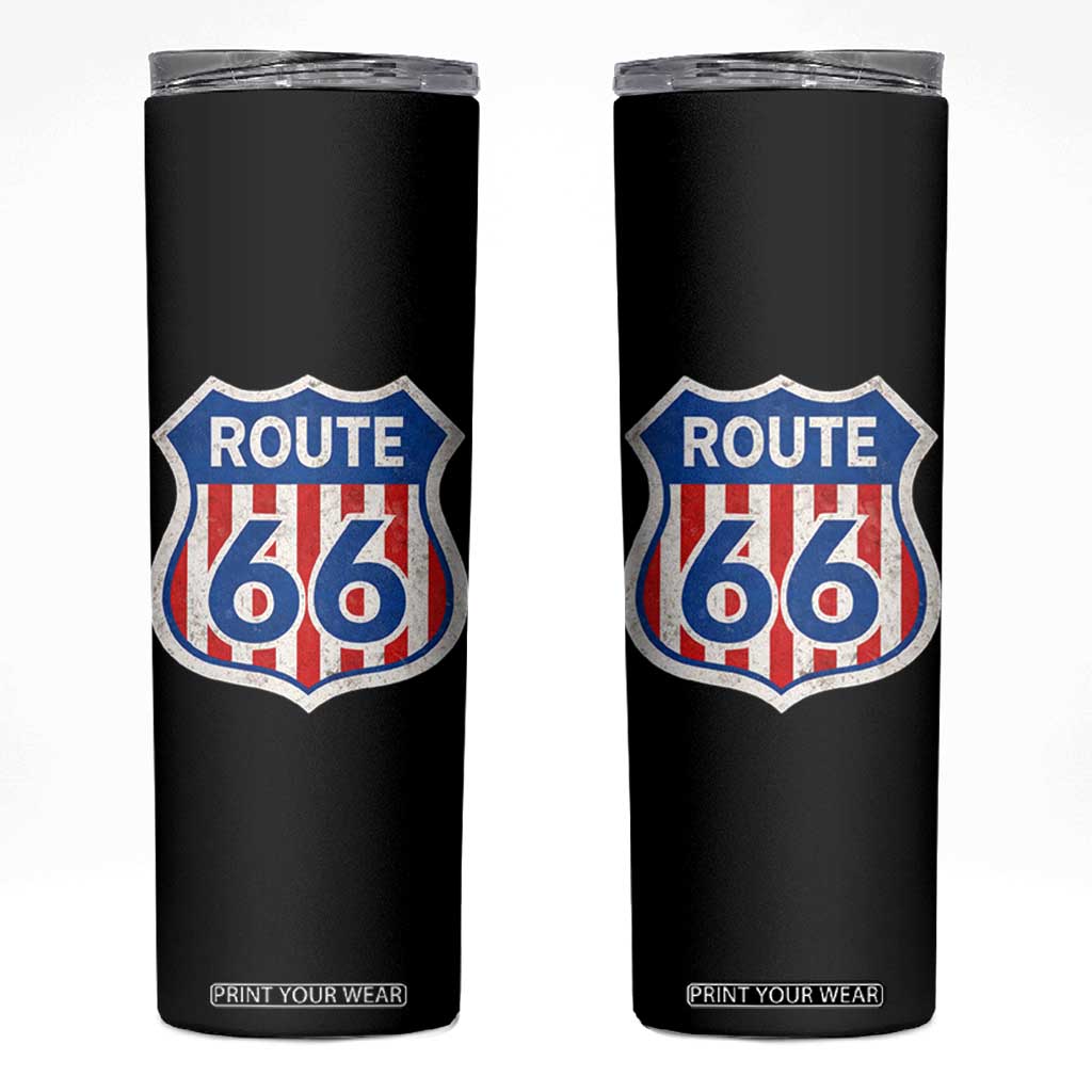 Vintage Route Highway 66 Historical Sign Distressed American Flag Road Trip Skinny Tumbler TS11 Black Print Your Wear