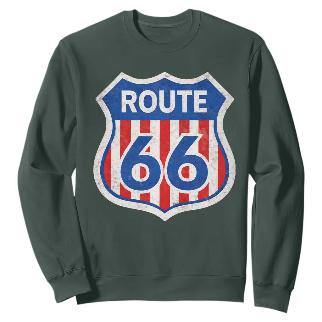 Vintage Route Highway 66 Historical Sign Distressed American Flag Road Trip Sweatshirt TS11 Dark Forest Green Print Your Wear
