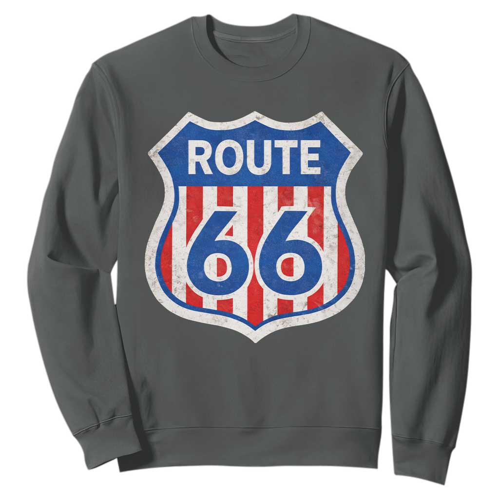 Vintage Route Highway 66 Historical Sign Distressed American Flag Road Trip Sweatshirt TS11 Dark Heather Print Your Wear