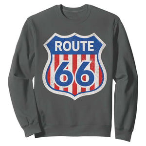 Vintage Route Highway 66 Historical Sign Distressed American Flag Road Trip Sweatshirt TS11 Dark Heather Print Your Wear