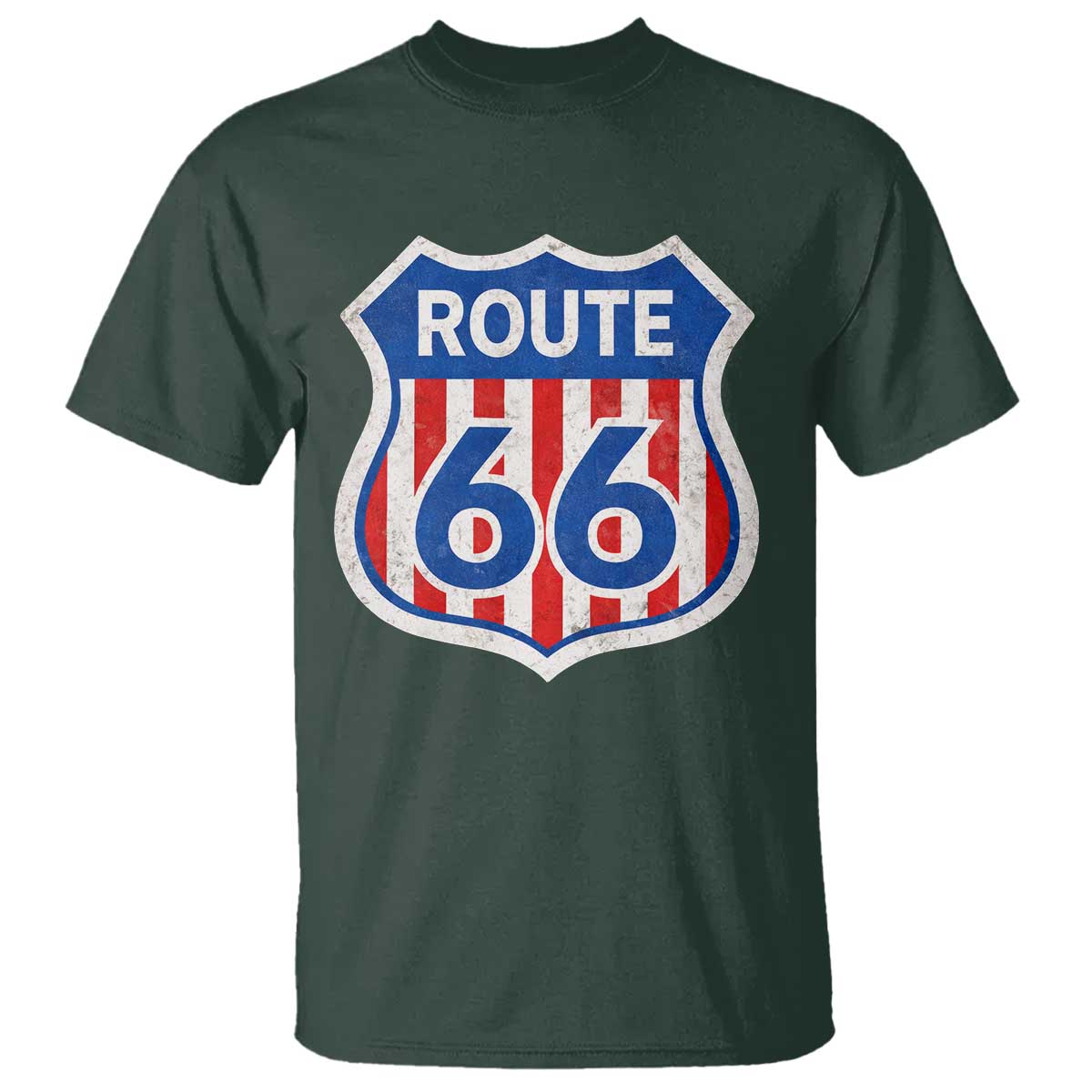 Vintage Route Highway 66 Historical Sign Distressed American Flag Road Trip T Shirt TS11 Dark Forest Green Print Your Wear