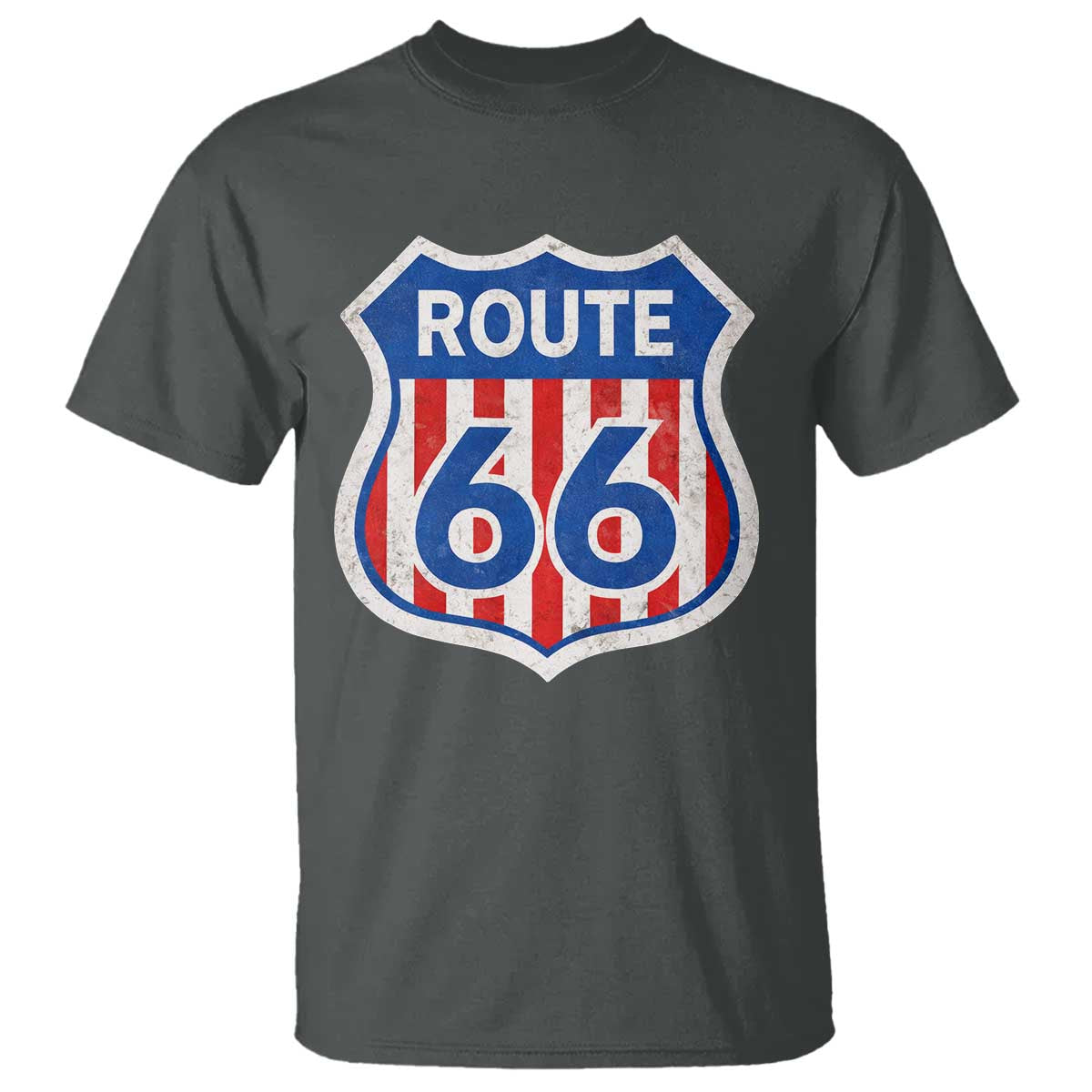 Vintage Route Highway 66 Historical Sign Distressed American Flag Road Trip T Shirt TS11 Dark Heather Print Your Wear