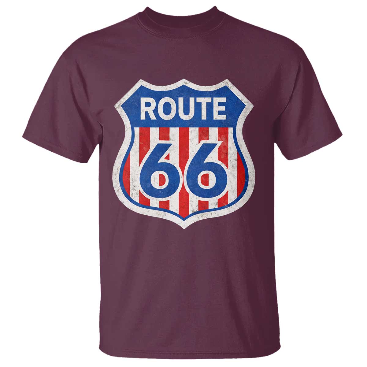 Vintage Route Highway 66 Historical Sign Distressed American Flag Road Trip T Shirt TS11 Maroon Print Your Wear