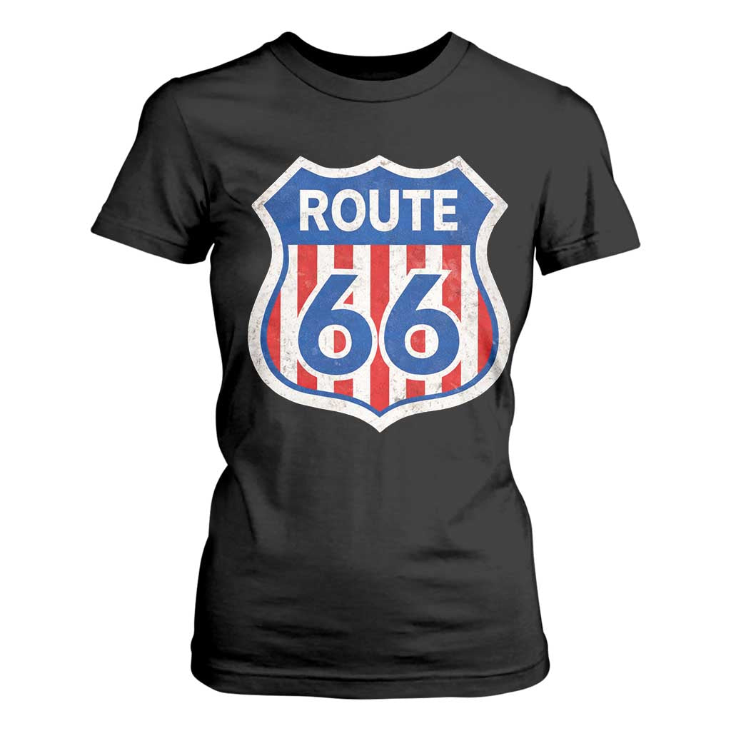 Vintage Route Highway 66 Historical Sign Distressed American Flag Road Trip T Shirt For Women TS11 Black Print Your Wear