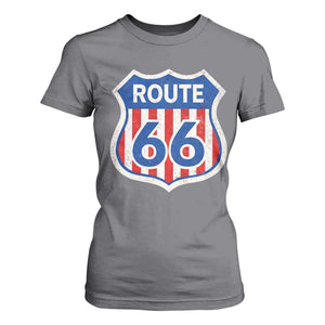 Vintage Route Highway 66 Historical Sign Distressed American Flag Road Trip T Shirt For Women TS11 Charcoal Print Your Wear