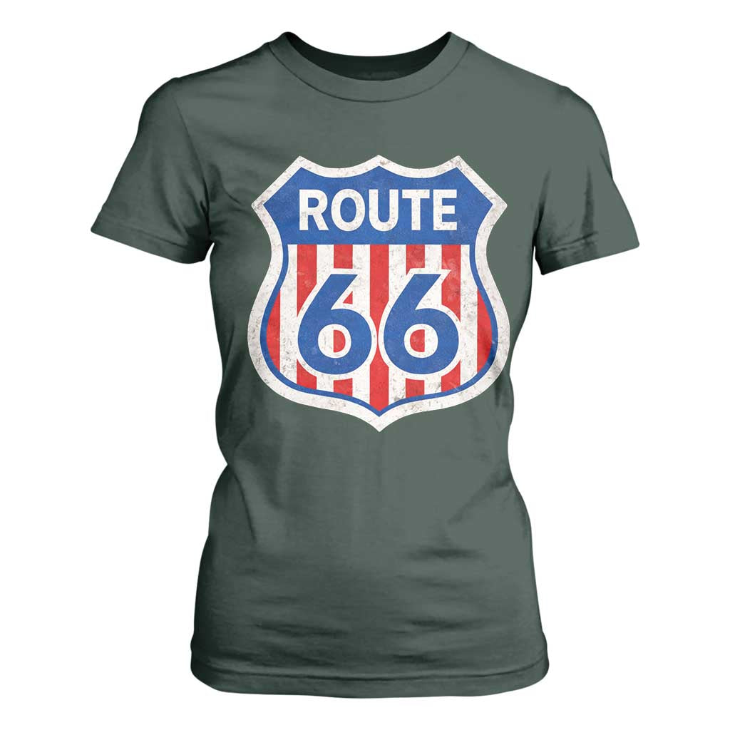 Vintage Route Highway 66 Historical Sign Distressed American Flag Road Trip T Shirt For Women TS11 Dark Forest Green Print Your Wear
