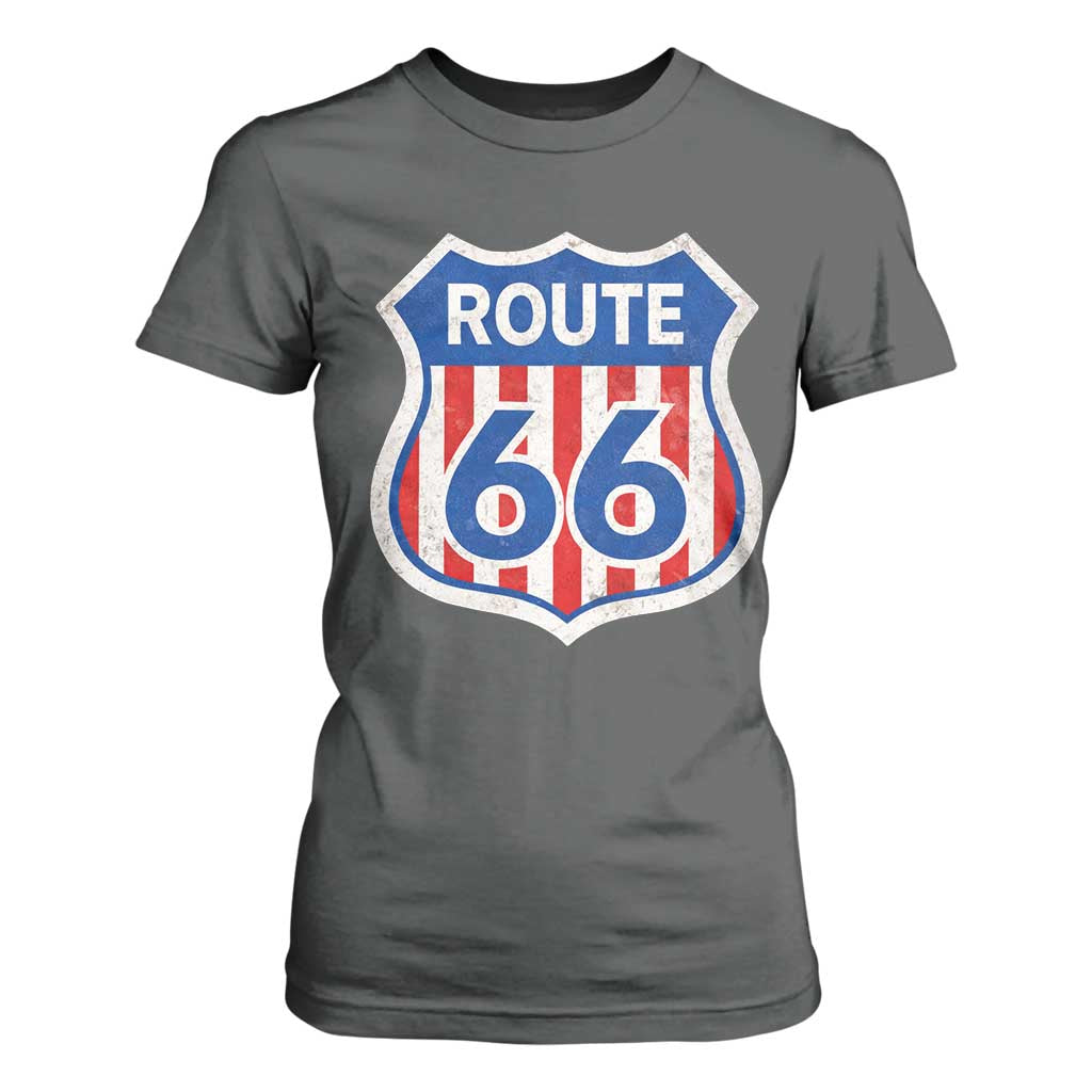 Vintage Route Highway 66 Historical Sign Distressed American Flag Road Trip T Shirt For Women TS11 Dark Heather Print Your Wear