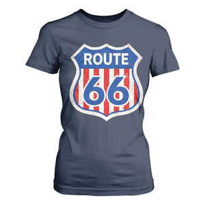 Vintage Route Highway 66 Historical Sign Distressed American Flag Road Trip T Shirt For Women TS11 Navy Print Your Wear