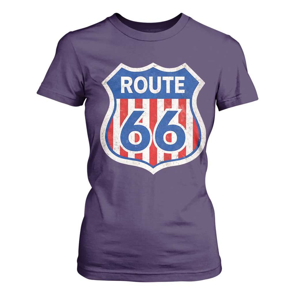 Vintage Route Highway 66 Historical Sign Distressed American Flag Road Trip T Shirt For Women TS11 Purple Print Your Wear