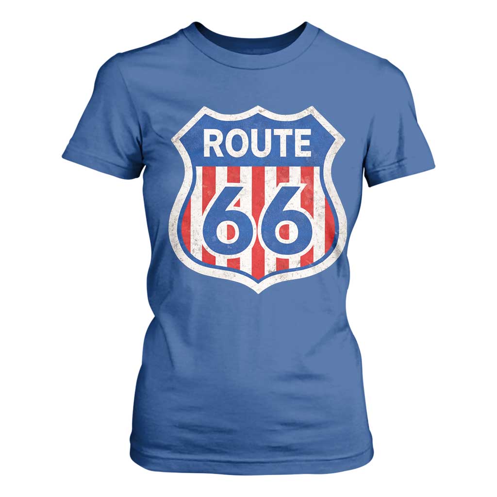 Vintage Route Highway 66 Historical Sign Distressed American Flag Road Trip T Shirt For Women TS11 Royal Blue Print Your Wear