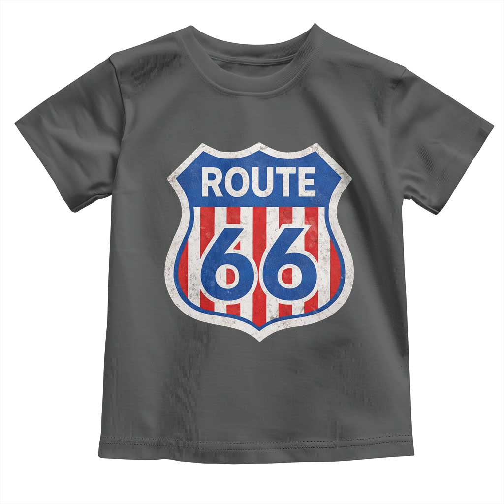 Vintage Route Highway 66 Historical Sign Distressed American Flag Road Trip Toddler T Shirt TS11 Dark Heather Print Your Wear