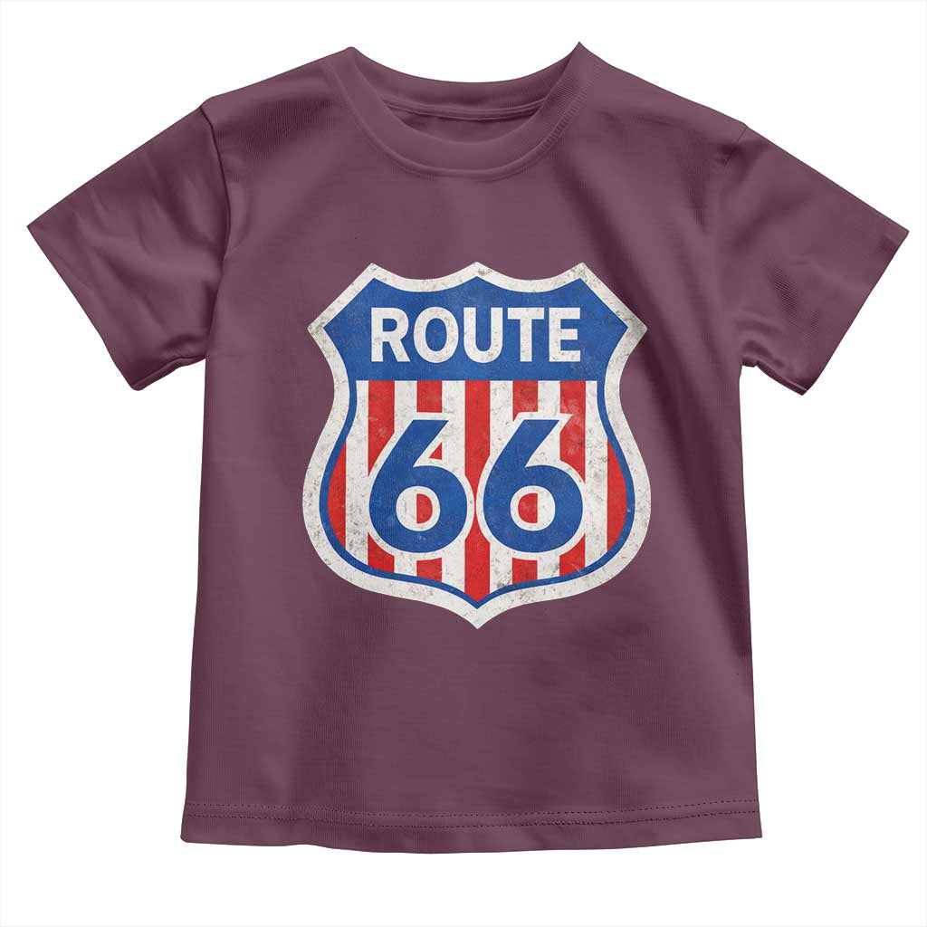 Vintage Route Highway 66 Historical Sign Distressed American Flag Road Trip Toddler T Shirt TS11 Maroon Print Your Wear