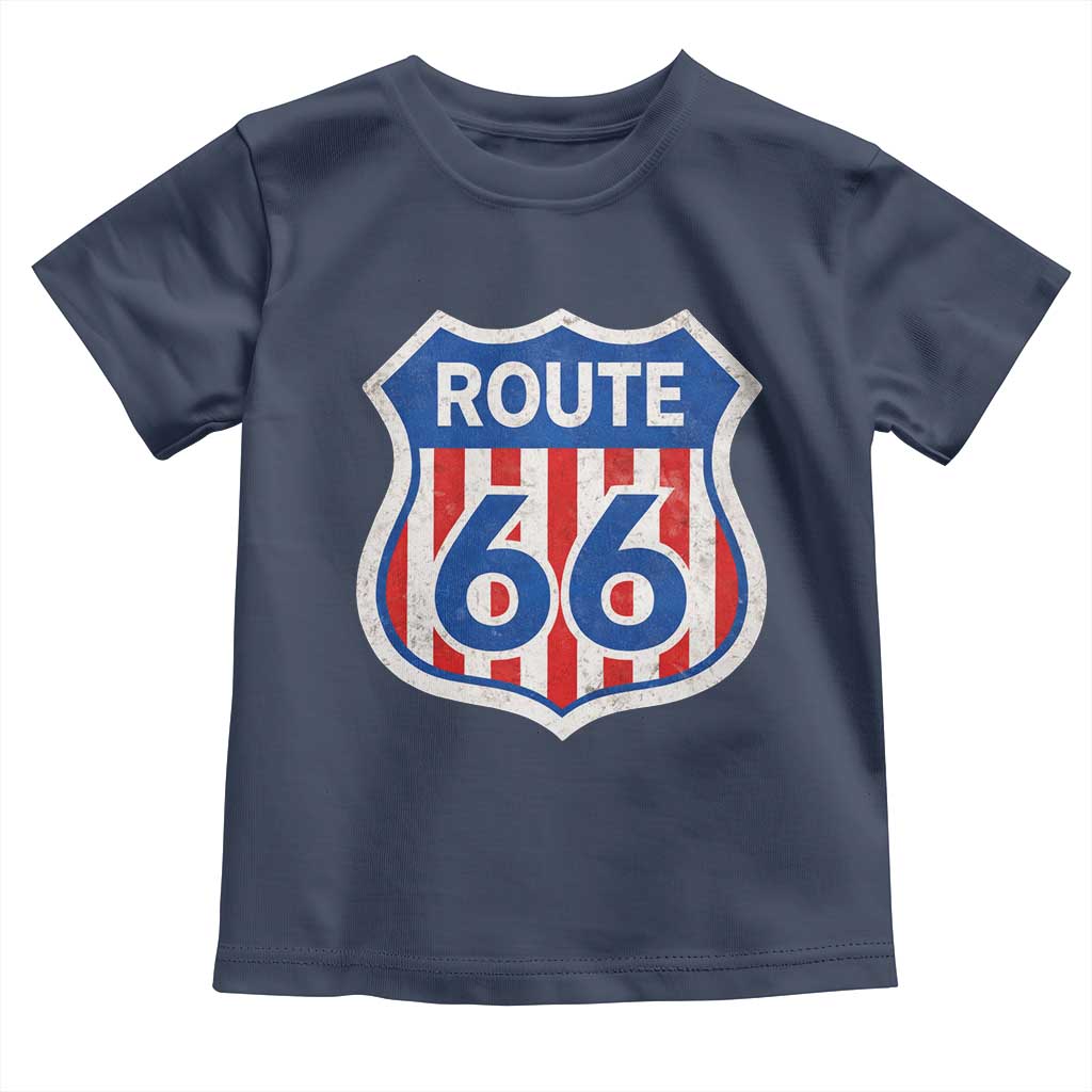 Vintage Route Highway 66 Historical Sign Distressed American Flag Road Trip Toddler T Shirt TS11 Navy Print Your Wear