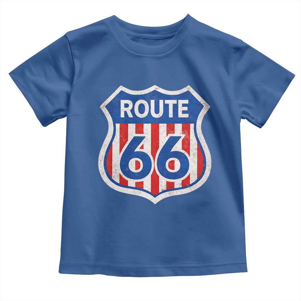 Vintage Route Highway 66 Historical Sign Distressed American Flag Road Trip Toddler T Shirt TS11 Royal Blue Print Your Wear