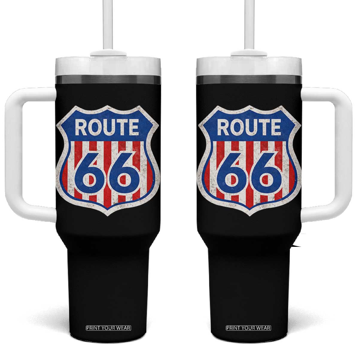 Vintage Route Highway 66 Historical Sign Distressed American Flag Road Trip Tumbler With Handle TS11 One Size: 40 oz Black Print Your Wear