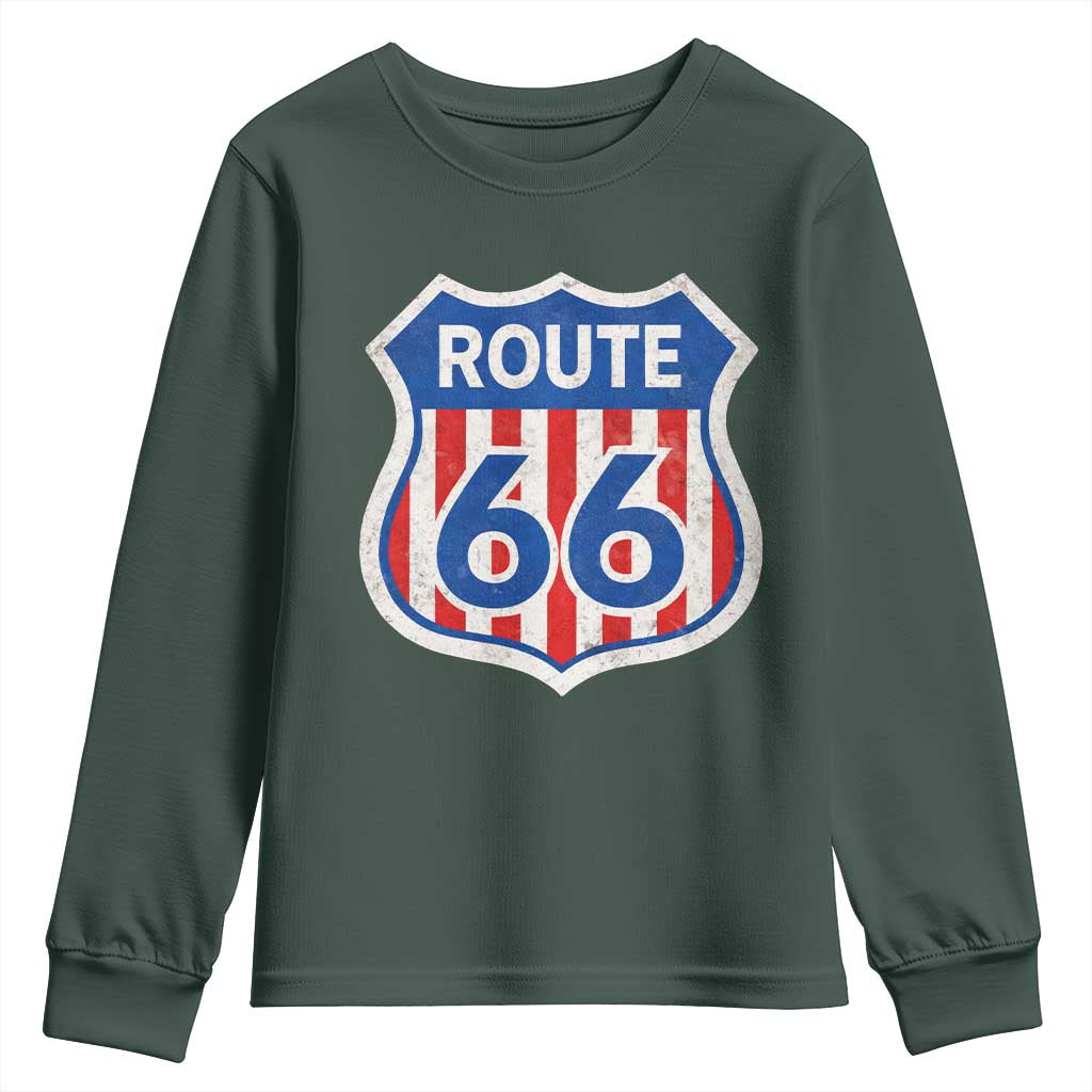 Vintage Route Highway 66 Historical Sign Distressed American Flag Road Trip Youth Sweatshirt TS11 Dark Forest Green Print Your Wear