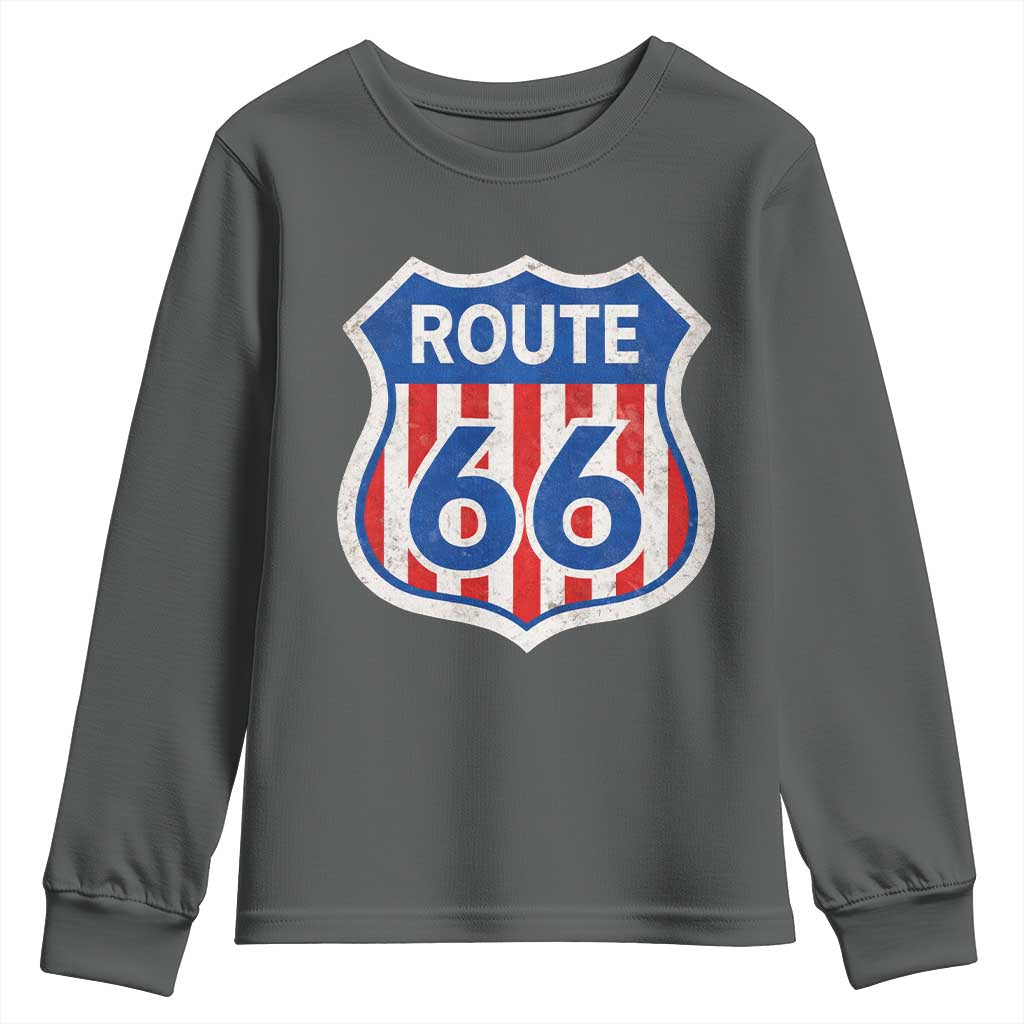 Vintage Route Highway 66 Historical Sign Distressed American Flag Road Trip Youth Sweatshirt TS11 Dark Heather Print Your Wear