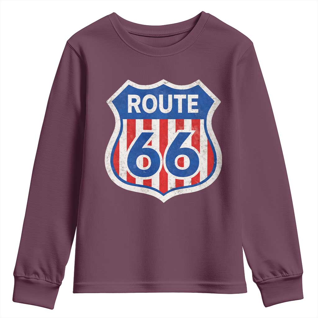 Vintage Route Highway 66 Historical Sign Distressed American Flag Road Trip Youth Sweatshirt TS11 Maroon Print Your Wear