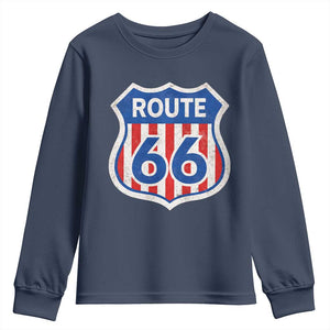 Vintage Route Highway 66 Historical Sign Distressed American Flag Road Trip Youth Sweatshirt TS11 Navy Print Your Wear