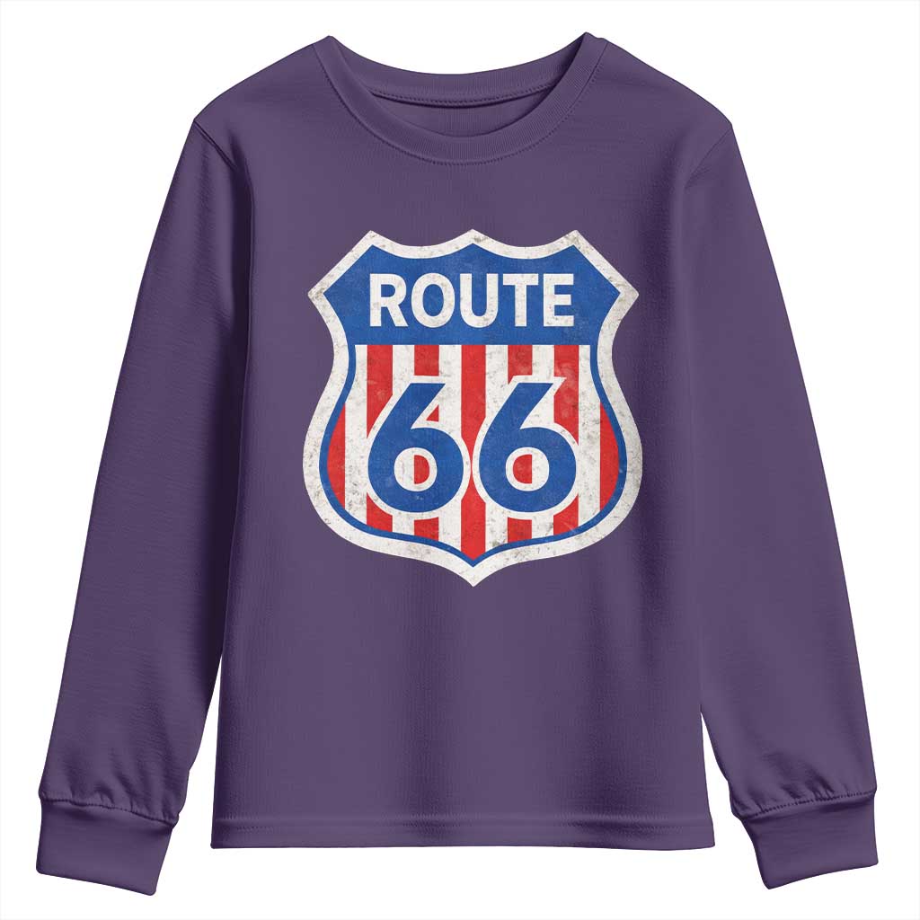 Vintage Route Highway 66 Historical Sign Distressed American Flag Road Trip Youth Sweatshirt TS11 Purple Print Your Wear