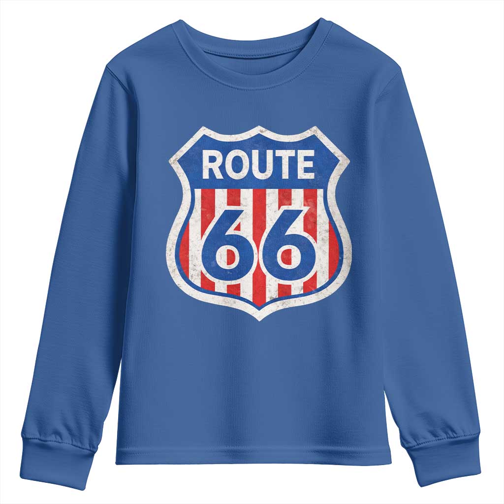 Vintage Route Highway 66 Historical Sign Distressed American Flag Road Trip Youth Sweatshirt TS11 Royal Blue Print Your Wear