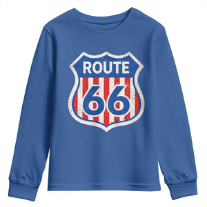 Vintage Route Highway 66 Historical Sign Distressed American Flag Road Trip Youth Sweatshirt TS11 Royal Blue Print Your Wear