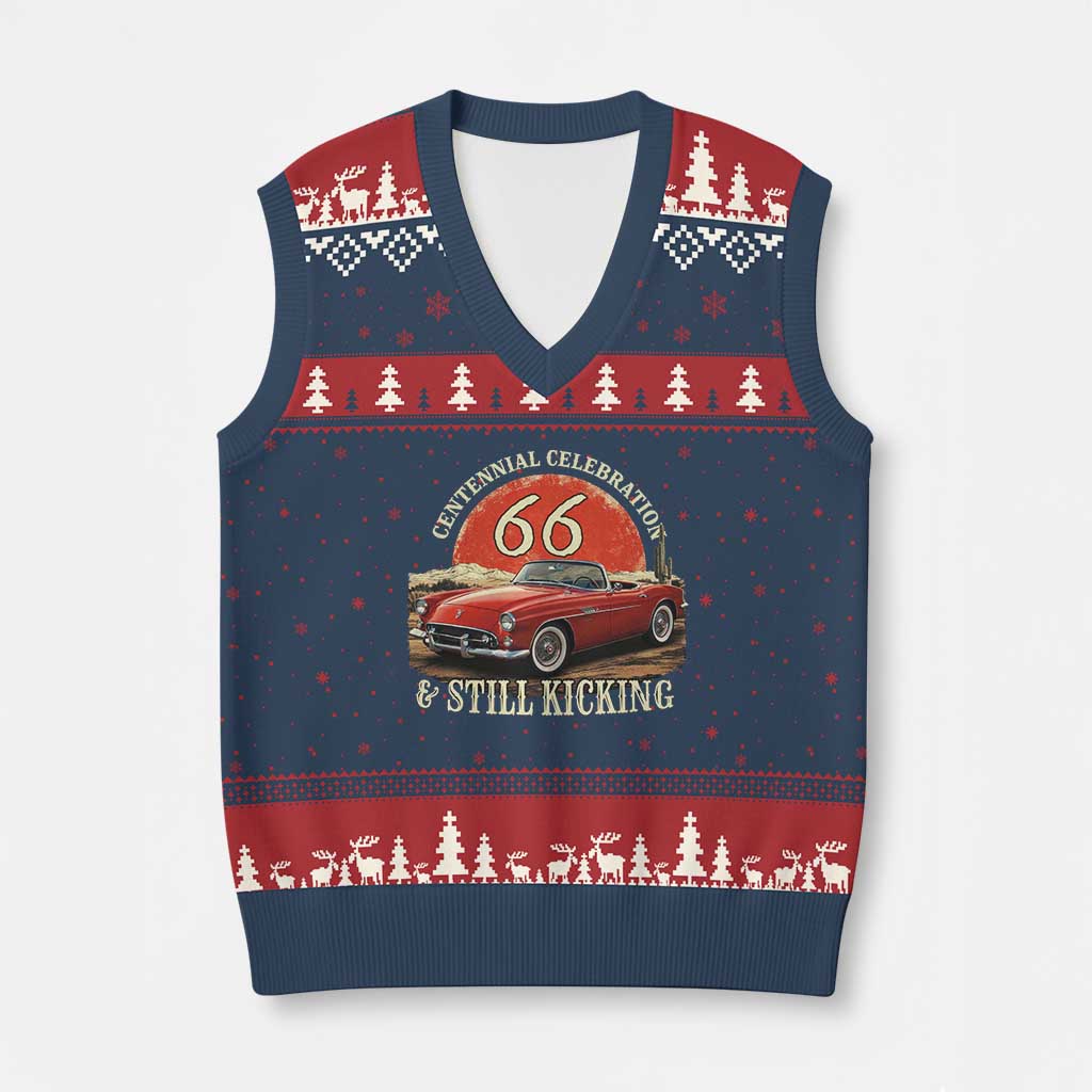 Route Highway 66 100 Years Anniversary V-Neck Knit Sweater Vest Centennial Celebration And Still Kicking Mother Road TS11 Navy Red Print Your Wear
