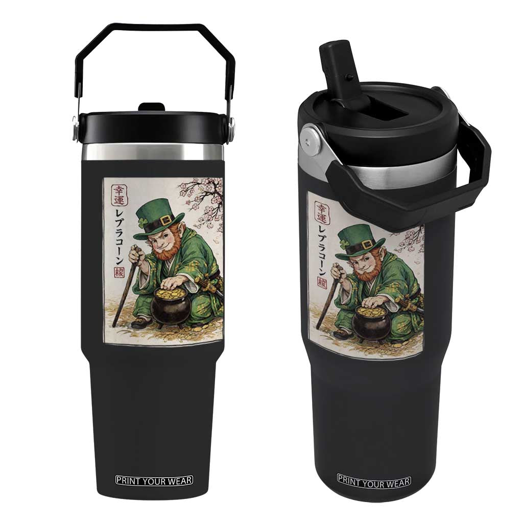 Vintage Japanese Leprechaun St Patricks Day Shamrock Ukiyo e Art Flip Straw Tumbler TS11 One Size: 30 oz Black Print Your Wear