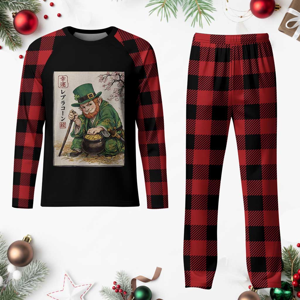 Vintage Japanese Leprechaun St Patricks Day Shamrock Ukiyo e Art Plaid Pajama Set TS11 Buffalo Plaid Print Your Wear