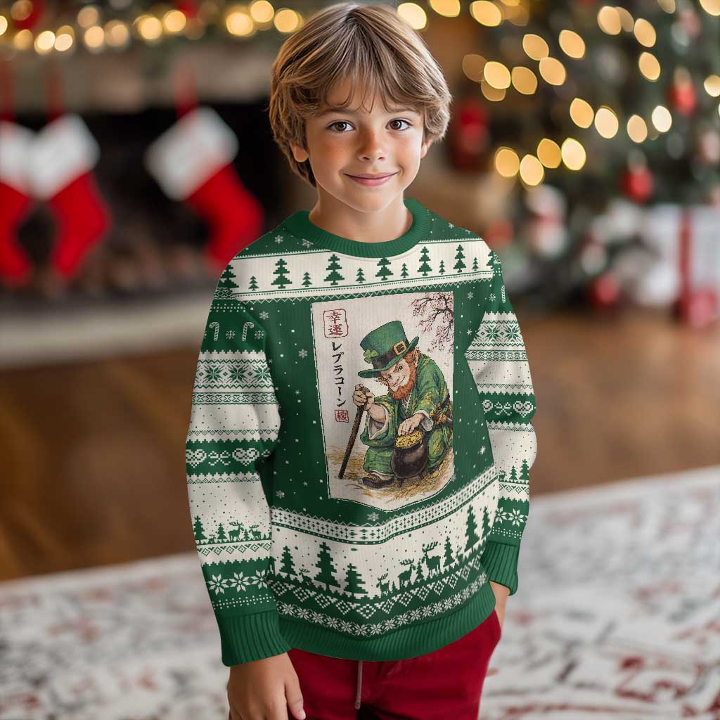 Vintage Japanese Leprechaun St Patricks Day Shamrock Ukiyo e Art Ugly Christmas Sweater TS11 Forest Green Beige Print Your Wear