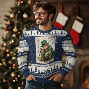 Vintage Japanese Leprechaun St Patricks Day Shamrock Ukiyo e Art Ugly Christmas Sweater TS11 Navy Beige Print Your Wear