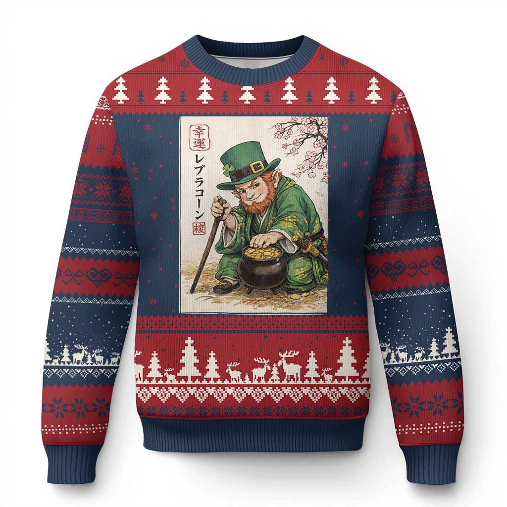 Vintage Japanese Leprechaun St Patricks Day Shamrock Ukiyo e Art Ugly Christmas Sweater TS11 Navy Red Print Your Wear