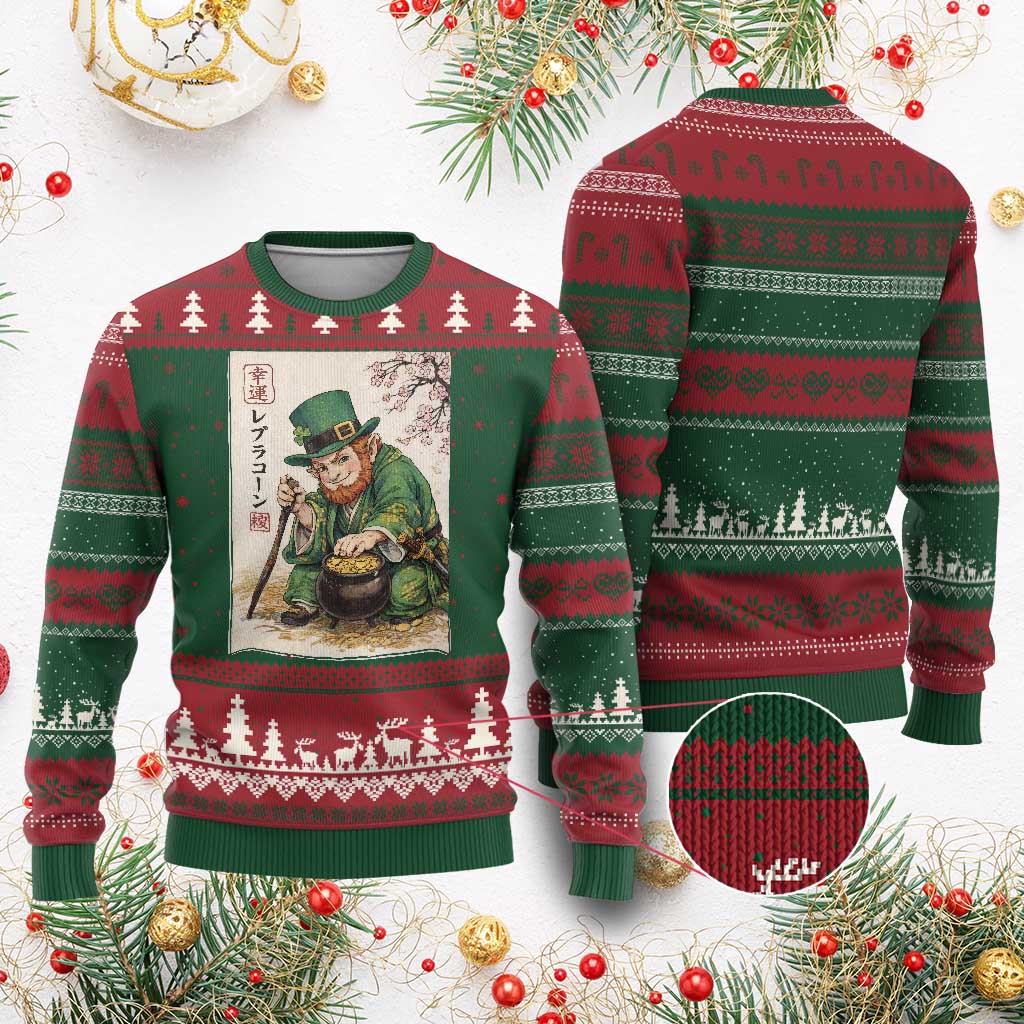 Vintage Japanese Leprechaun St Patricks Day Shamrock Ukiyo e Art Ugly Christmas Sweater TS11 Red Green Print Your Wear