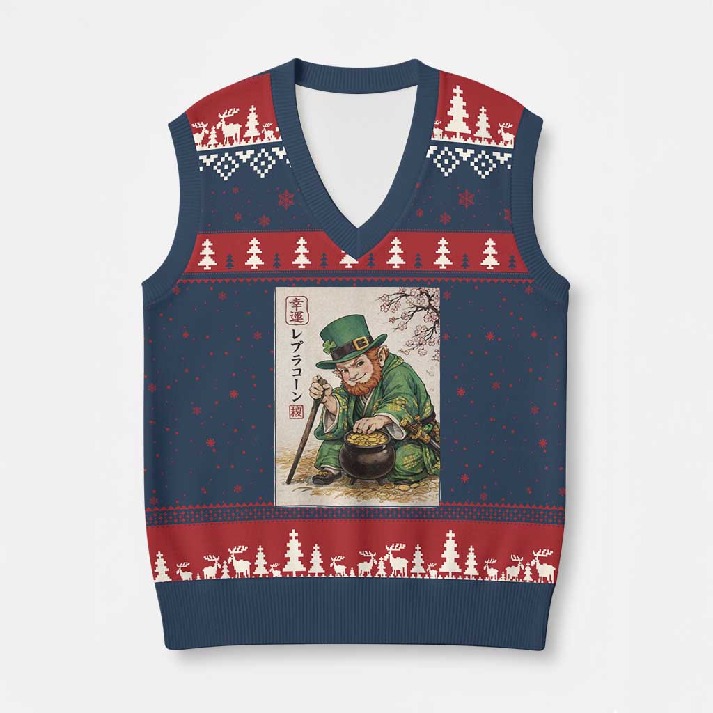 Vintage Japanese Leprechaun St Patricks Day Shamrock Ukiyo e Art V-Neck Knit Sweater Vest TS11 Navy Red Print Your Wear