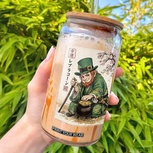 Vintage Japanese Leprechaun St Patricks Day Shamrock Ukiyo e Art Glass Can TS11 Black Print Your Wear