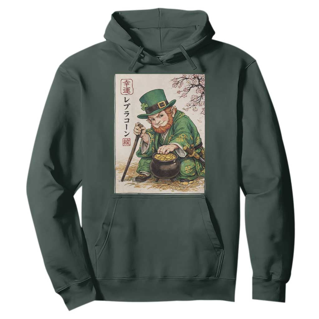 Vintage Japanese Leprechaun St Patricks Day Shamrock Ukiyo e Art Hoodie TS11 Dark Forest Green Print Your Wear
