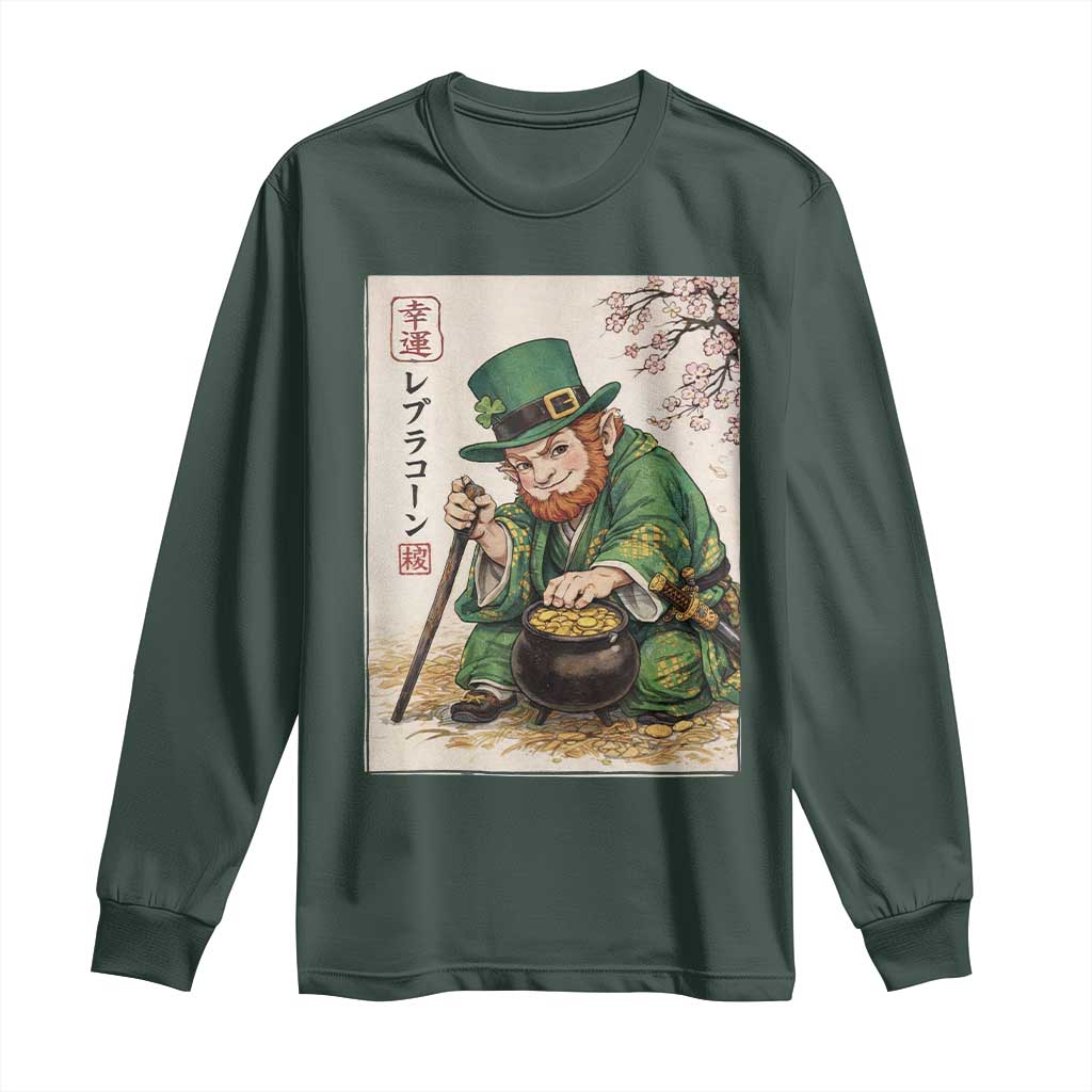 Vintage Japanese Leprechaun St Patricks Day Shamrock Ukiyo e Art Long Sleeve Shirt TS11 Dark Forest Green Print Your Wear